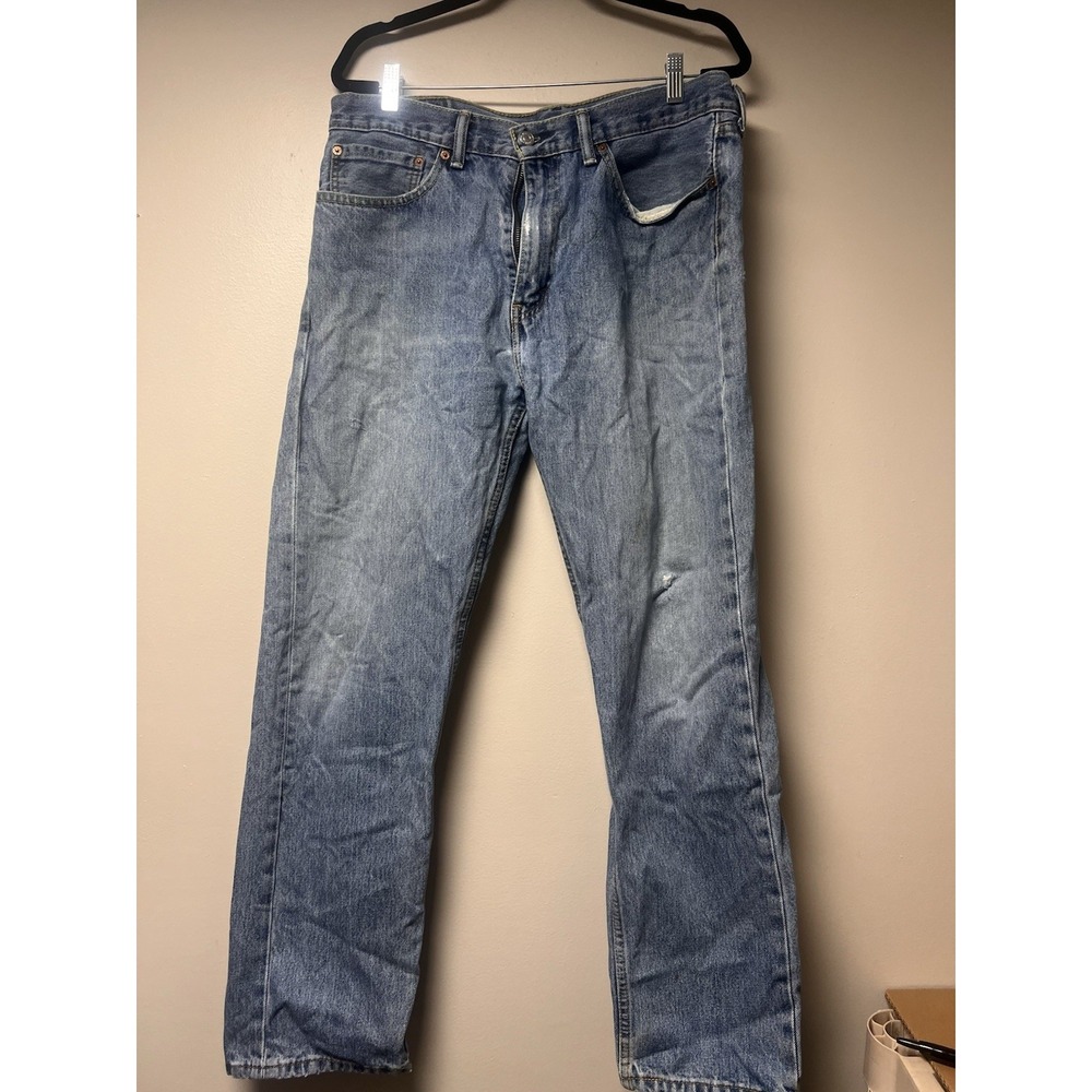 Levi 505 Regular Fit Jeans Mens 36x32 Blue Fair Distressed Straight Leg Denim